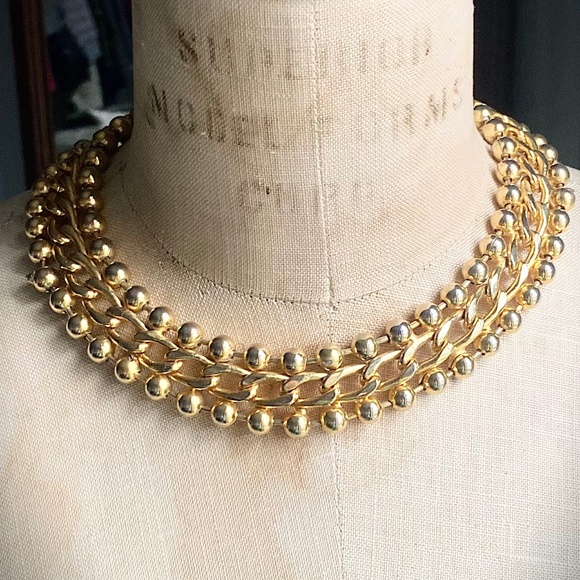 Gold Plated  Ball & Chain Collar Necklace 16" - Picture 1 of 8